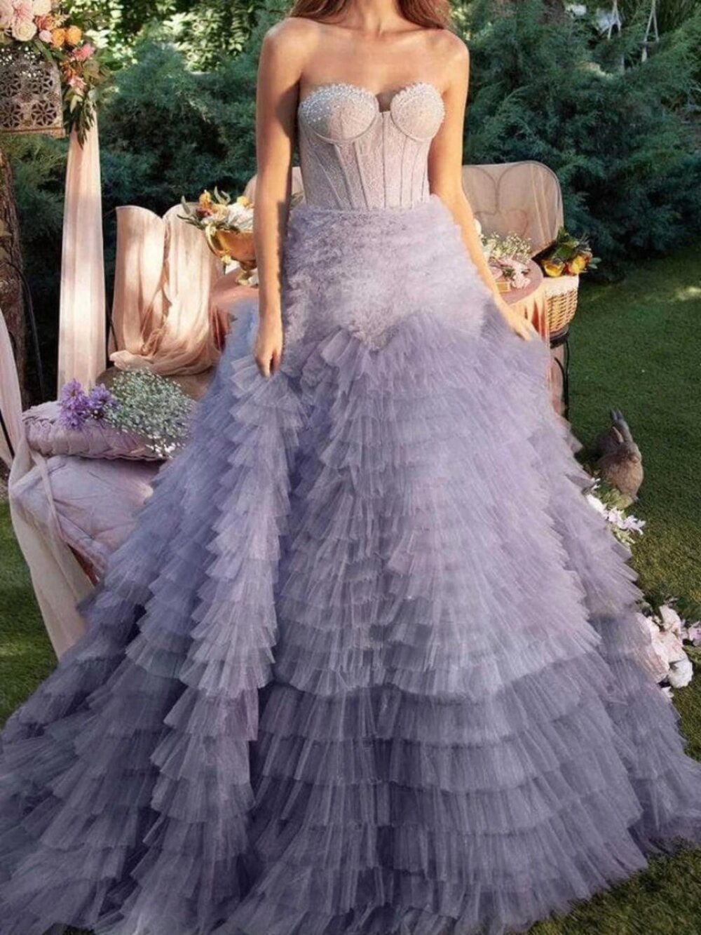 NWT Andrea and Leo A0767 Strapless Tiered Ballgown Prom Dress Blue Size 4